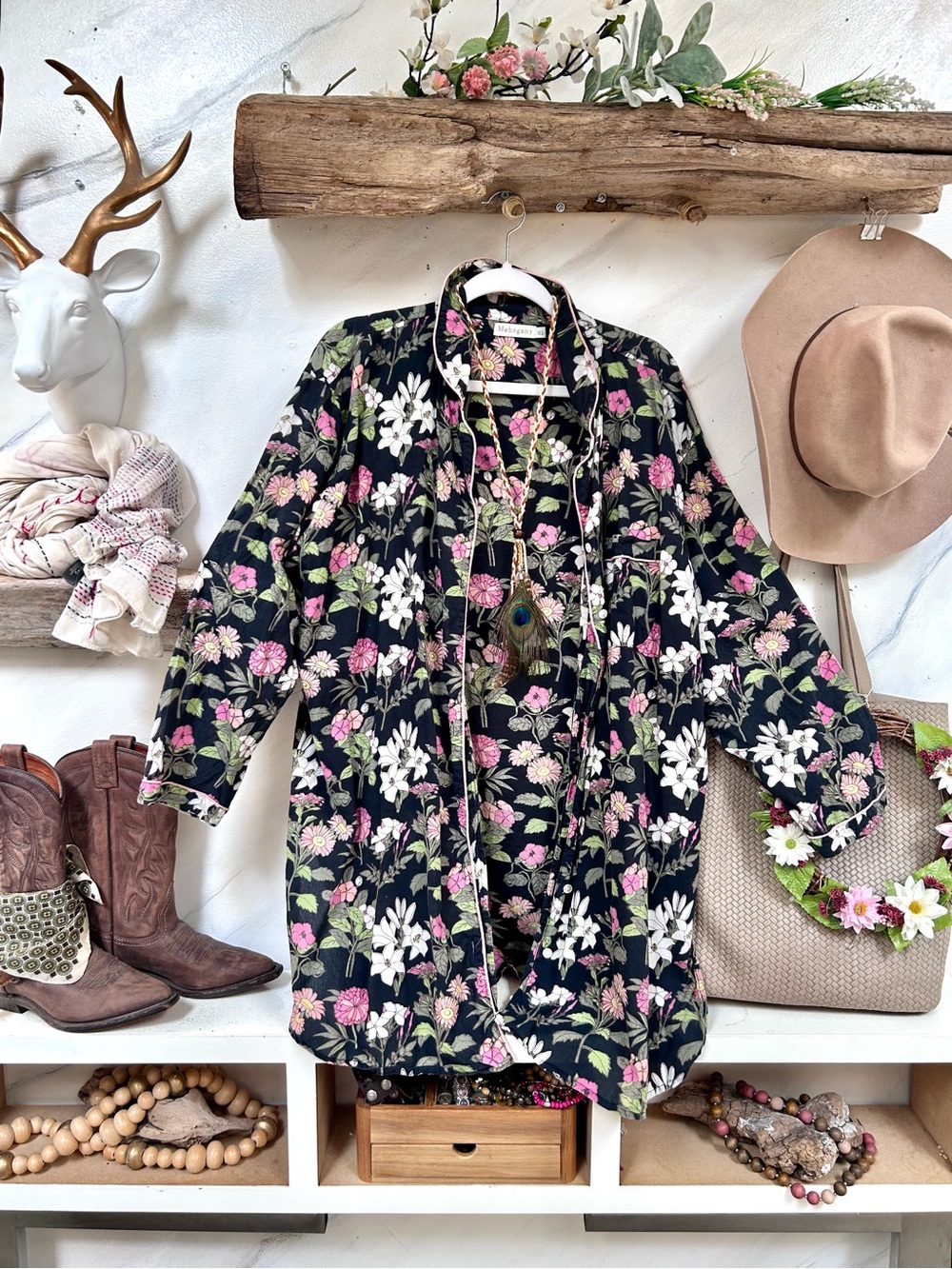Botanical Floral Button-Down Shirt Black/Pink/White Blooms prairie Country vibe